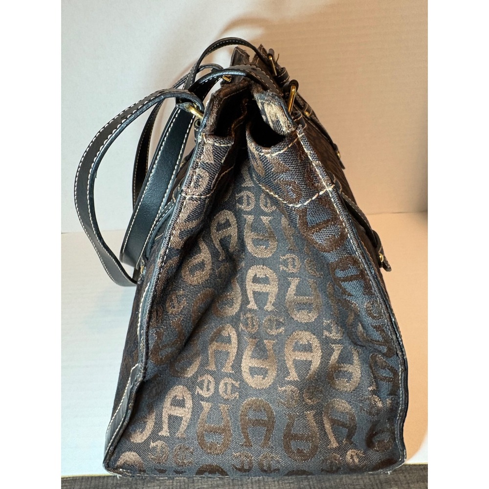 Etienne Aigner Signature Jacquard Logo Tote Bag Brown Black Leather Trim - Picture 5 of 8